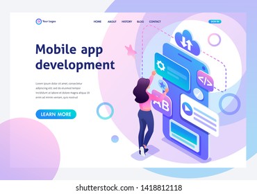 Isometric young girl is engaged in the creation of a mobile application, a teenager working on the phone screen. Template landing page