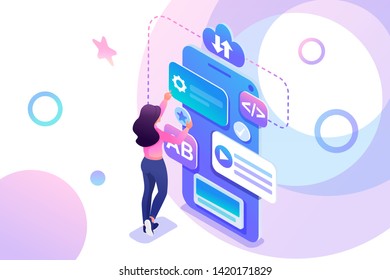 Isometric young girl is engaged in the creation of a mobile application, a teenager working on the phone screen. Concept for web design