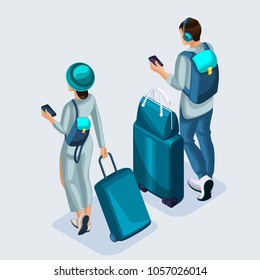 Isometric young girl and man at the airport, suitcases, things. Teenagers go on vacation through the international airport