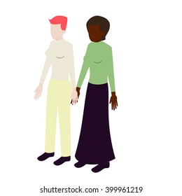 Isometric young international modern lesbian couple holding hands