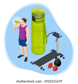 Isometric young male drinking a bottle of water. Sport water bottle. Active lifestyle Treadmill