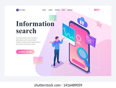 Isometric young man in confusion stands at the phone screen, search for information. Template landing page