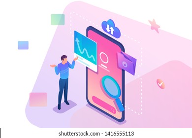 Isometric young man in confusion stands at the phone screen, search for information. Concept for web design