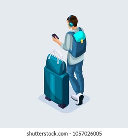 Isometric young man listening to music at the airport and waiting for his flight, documents, suitcases and things for rest and travel