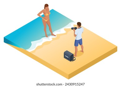 Isometric Young man making photo of his wife or woman at tropical beach. Young man using a professional camera