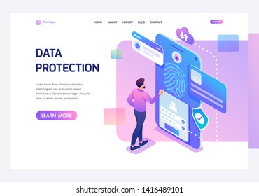 Isometric young man with mobile phone, data protection, biometric lock. Template landing page