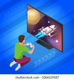 Isometric young man plays video game on TV using Gamepad. Driving car in video game. Gaming addiction concept. Flat style vector illustration