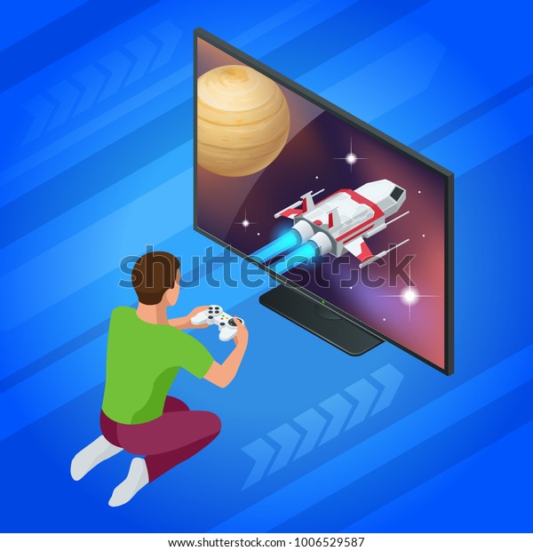 Isometric young man plays video game on TV\
using Gamepad. Driving car in video game. Gaming addiction concept.\
Flat style vector\
illustration