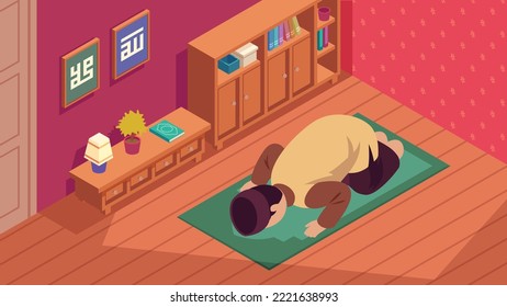 Isometric Young Man Prostrate In The Praying Room Illustration