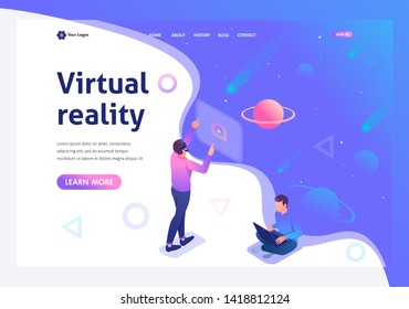 Isometric a young man runs a virtual reality using virtual glasses, a teenager runs on a laptop. Template landing page
