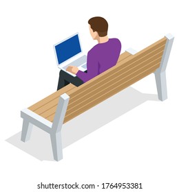 Isometric young man is sitting on a bench with a laptop and chatting or zoom, back view, isolated on white background