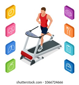 Isometric young man in sportswear running on treadmill at gym. Fitness and Health icons. Running machine or track Isometric young man in sportswear running on treadmill at gym. Fitness and Health icons. Running machine or track