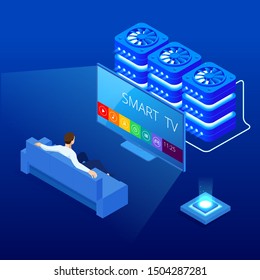 Isometric young man suiting on the sofa watching smart tv on television at home. Smart TV display screen with color web interface