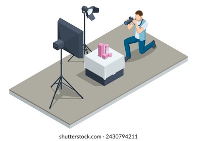 Isometrischer junger Mann mit einer professionellen Kamera. Modernes Fotostudio mit professioneller Ausstattung