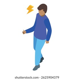 Isometric young man walking with lightning bolt symbol above his head, representing energy, power, or a sudden idea
