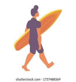 Isometric young man walking with surfing board. Surf in hands,