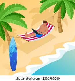Isometric young man working on the beach with a laptop on a sunny day, feeling of relaxing. Freelance or Blogging concept. Work with pleasure.