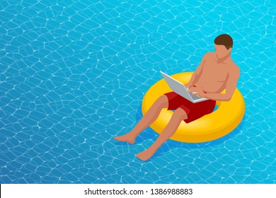 Isometric young man working on the beach with a laptop on a sunny day, feeling of relaxing. Freelance or Blogging concept. Work with pleasure.