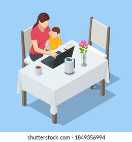 Isometric young mother works remotely from home, child playing in the room. Young woman working from home, while in quarantine Covid-19.