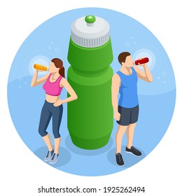 Isometric Young People Drinking A Bottle Of Water. Sport Water Bottle. Active Lifestyle