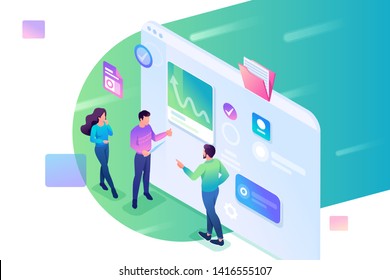 Isometric young people stand and analyze the data on the tablet screen . Concept for web design