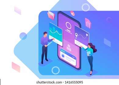 Isometric young people stand near the mobile phone screen, testing the program and mobile application. Concept for web design