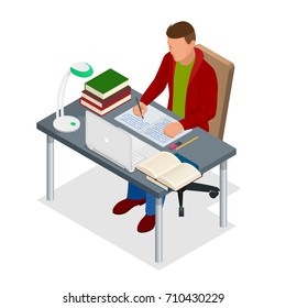 Isometric young people and student concept. A teenager of 18-25 years old the student sits at the table and writes. Homework or Lesson. Isolated on white background