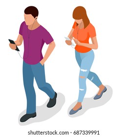 Isometric young people, teenagers and students with phone Young man phoning smart phone with messenger app. Flat illustration of people using gadgets walking