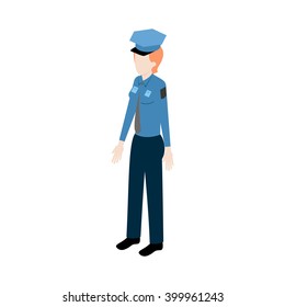 Isometric young redhead woman policeman standing full face for info graphics