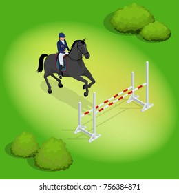 Isometric young rider girl performing jump at horse show jumping competition. Equestrian sport background. Vector illustration. Racehorses and lady jockey in uniform.