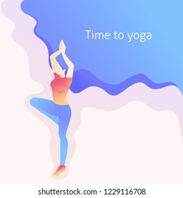 Isometric young woman doing yoga, tree pose, pose, asana. Great concept for a Website Template Landing page, web design.