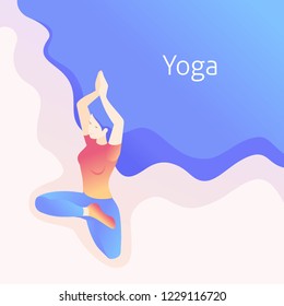 Isometric young woman doing yoga, yoga day, pose, asana. Great concept for a Website Template Landing page, web design.