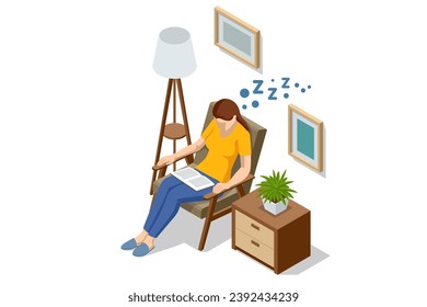 Isometric young woman fell asleep reading a book. A woman is sleeping and holding a book. Fatigue, rest, relaxation. Lifestyle education concept