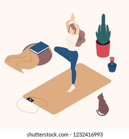 Isometric young woman in her free time, at home, practicing yoga, posture. Great concept for a blank page site, web design.