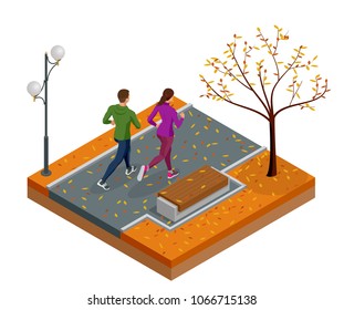 Isometric young woman and man runners running on a city park. Sportive people training in an urban area, healthy lifestyle and sports concepts.