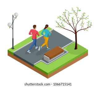 Isometric young woman and man runners running on a city park. Sportive people training in an urban area, healthy lifestyle and sports concepts.