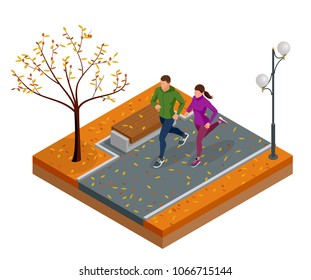 Isometric young woman and man runners running on a city park. Sportive people training in an urban area, healthy lifestyle and sports concepts.