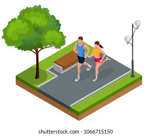 Isometric young woman and man runners running on a city park. Sportive people training in an urban area, healthy lifestyle and sports concepts.