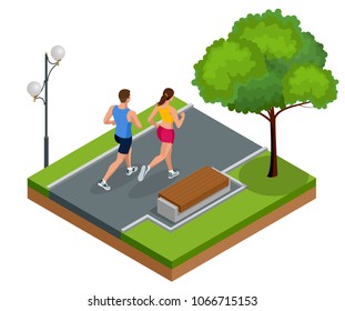 Isometric young woman and man runners running on a city park. Sportive people training in an urban area, healthy lifestyle and sports concepts.