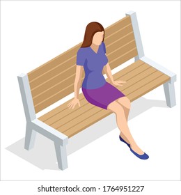 Isometric young woman sitting on a bench and resting. Front view. Isolated on white background