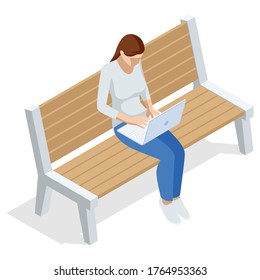 Isometric young woman is sitting on a bench with a laptop and chatting or zoom, front view, isolated on white background