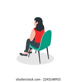 Isometric young woman sitting on a chair. back view. Isolated on white background