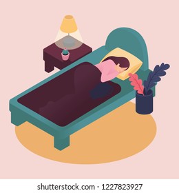 Isometric young woman sleeping alone in bed at home with cat taking care of pet. Color vector illustration in flat style.