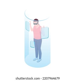 Isometric young woman wearing virtual reality headset 3d vector illustration