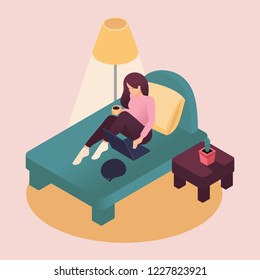Isometric young woman working at home sitting on bed with laptop taking care of pet. Color vector illustration in flat style.