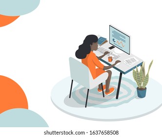isometric young woman working on the computer at home. business analysis, design, strategy. Place for text
