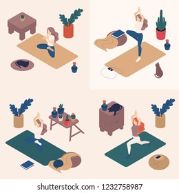 Isometric young women in their free time, doing yoga, posture, asana. Great concept for a blank page site, web design.