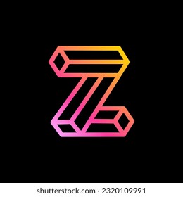 Isometric Z letter logo. Neon lights emblem. Multicolor gradient impossible lines design. Cubic bright icon for blockchain labels, nightlife headlines, futuristic posters, NFT advertisement.