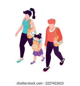 Isometric zero waste ewaste composition with human characters holding recyclable items vector illustration