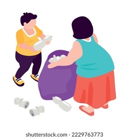 Composición isométrica de residuos cero con caracteres humanos que contienen elementos reciclables ilustración vectorial